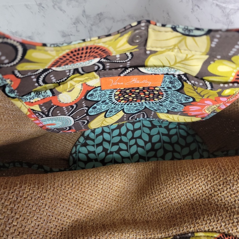Vera Bradley Straw Tote Bag Tan Woven Floral Trim Orange Braided Handles Boho - Picture 7 of 12
